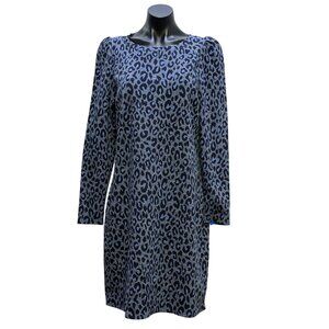 NWT Talbots Blue Navy Leopard Print Long Sleeve Knit Dress L
